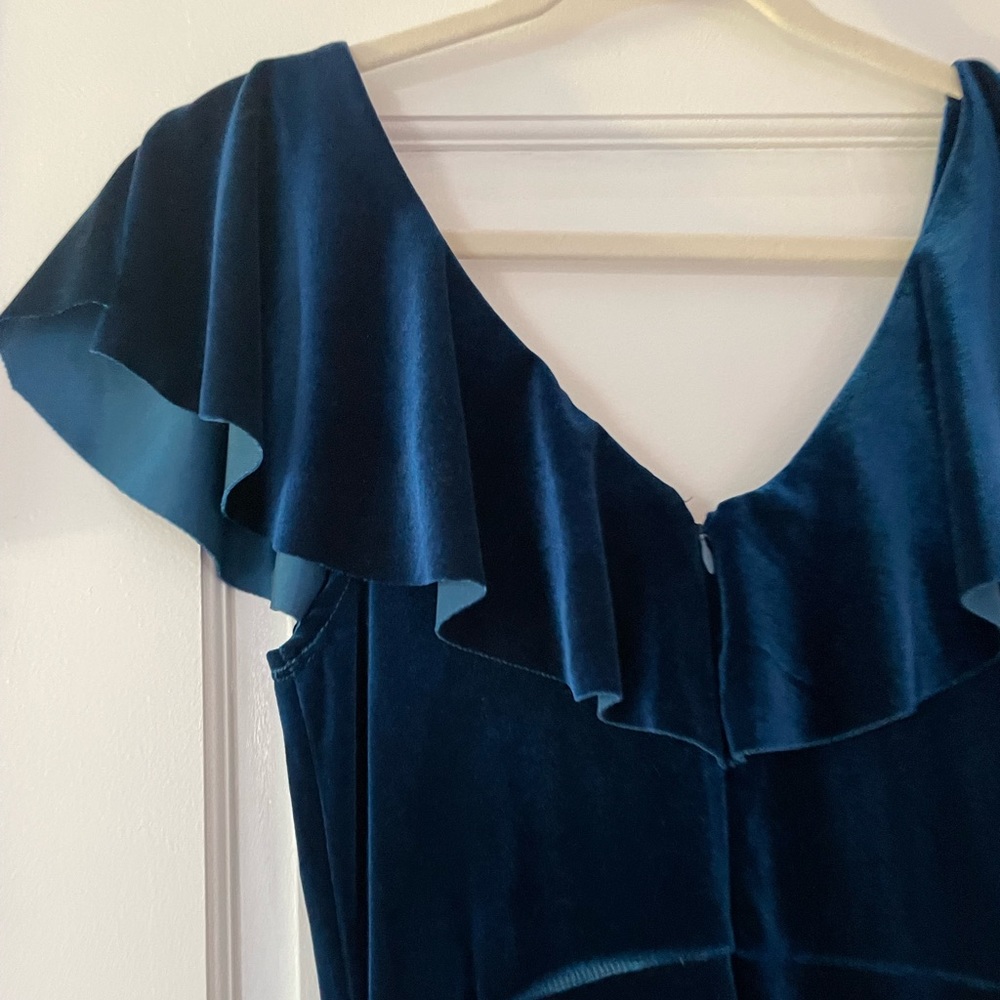 june & hudson Teal Velvet Midi Dress with Ruffle V-Neck - Picture 12 of 16